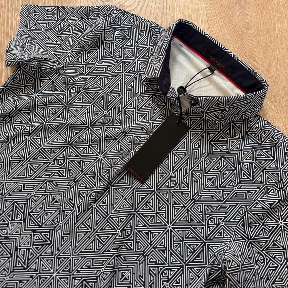 Greyson Labyrinth Scarlett Golf Polo Women Size Medium Navy White Geometric